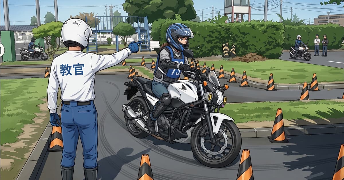 二輪免許のカリキュラム「クランク」で指導を受ける女性教習生
