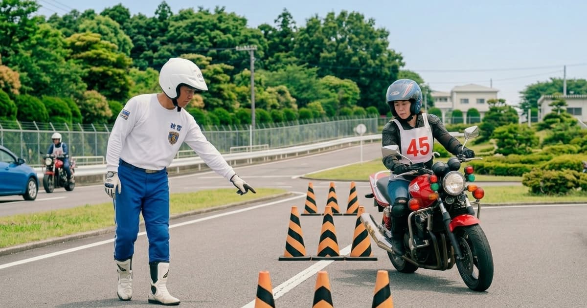 二輪免許の課題「スラローム」で教官の指導を受ける