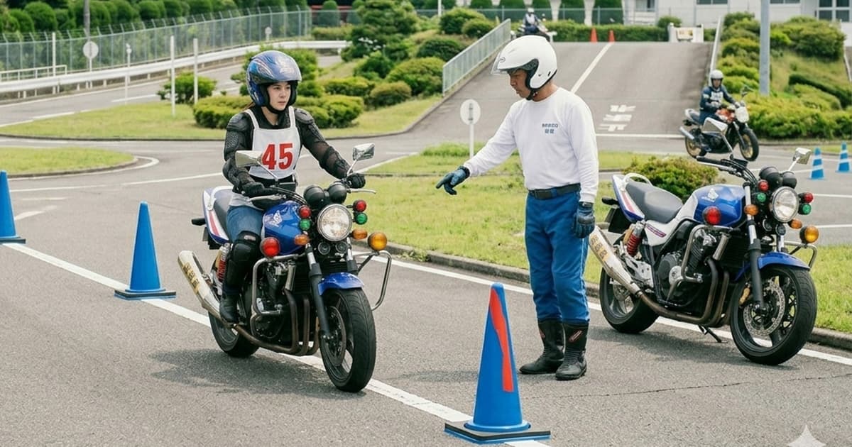 二輪免許で教官に指導を受ける女性ライダー
