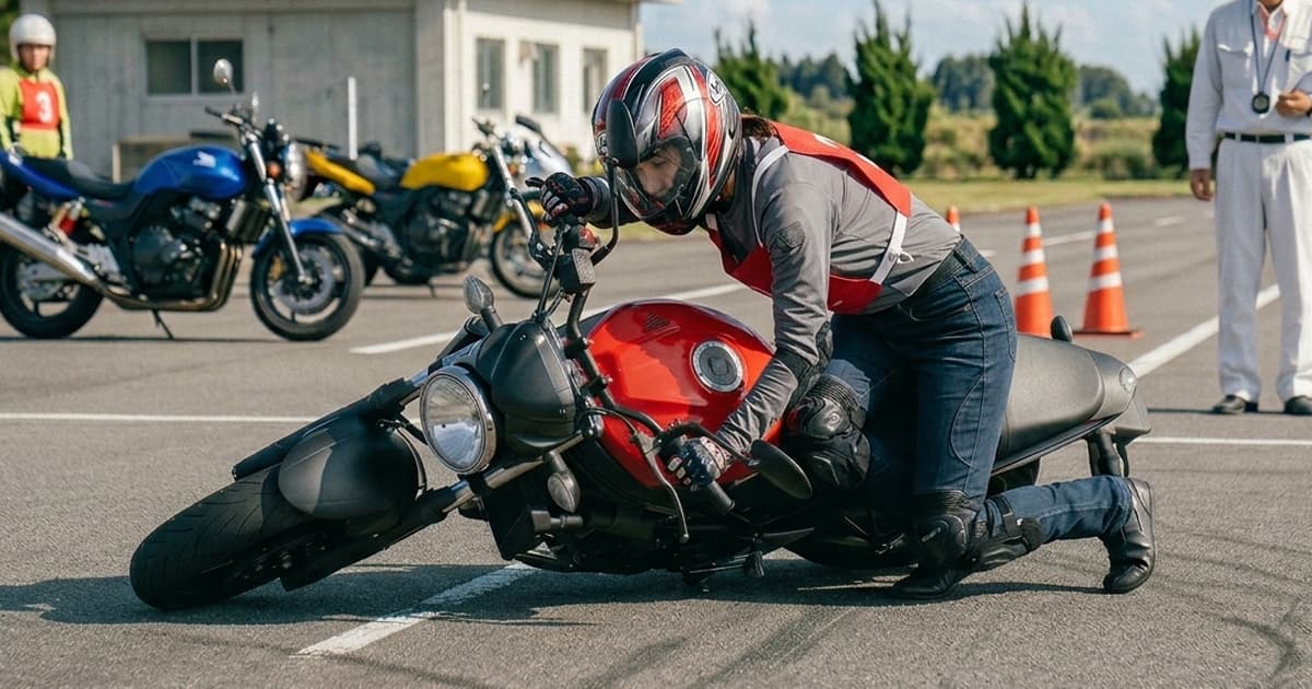 はじめの技能教習で、倒れたバイクを起こす「引き起こし」