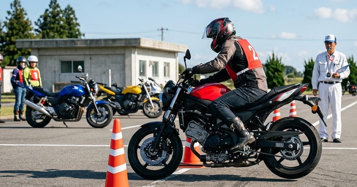 急制動は、制動開始地点のパイロンから指定の停止線（雨天で境界線が異なる）で止まるカリキュラム
