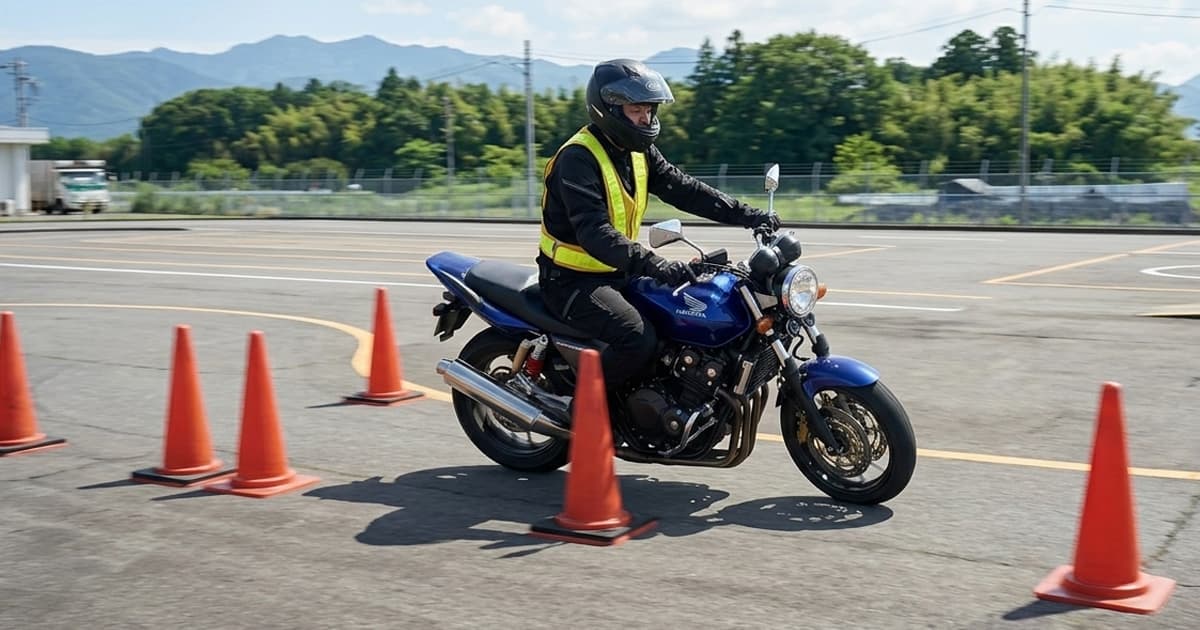 スラロームは、等間隔に置かれたパイロンを左右交互にかわしながら、リズミカルに走行するバイク教習の華のひとつ