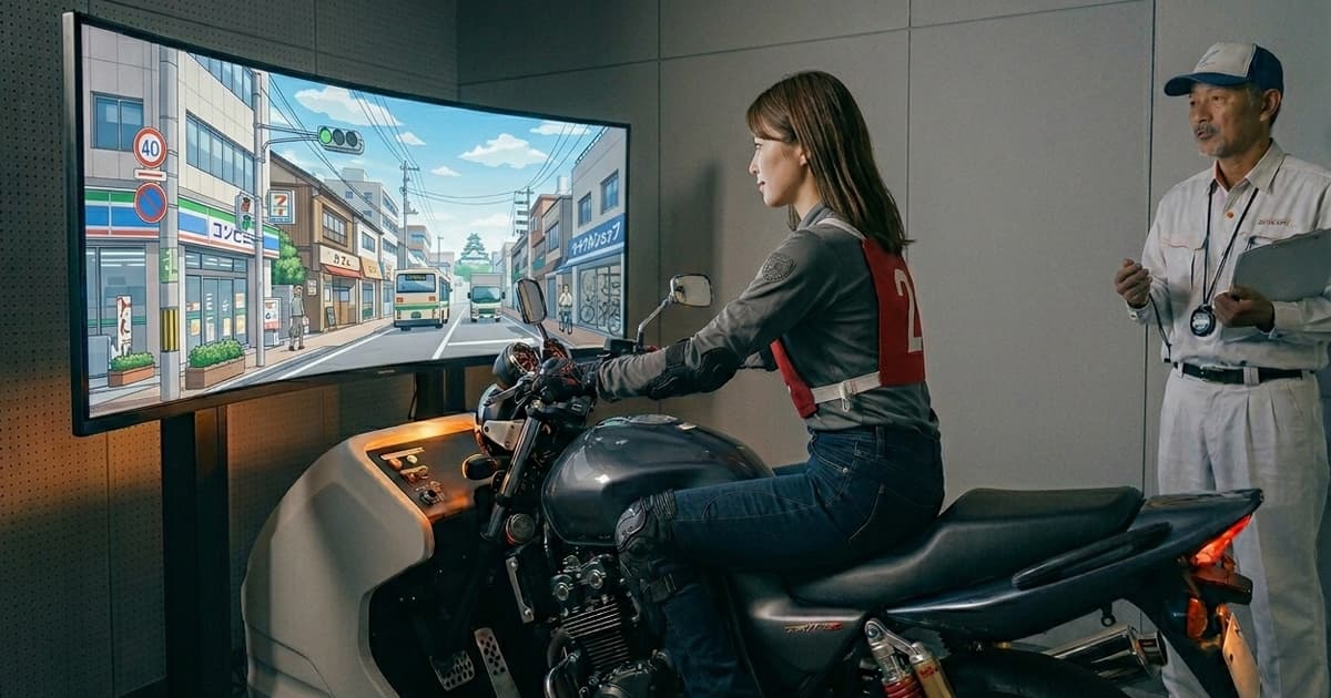 シミュレーター教習｜ゲームセンターにあるようなバイクに跨り、前のモニターに映る道を見ながら走行する