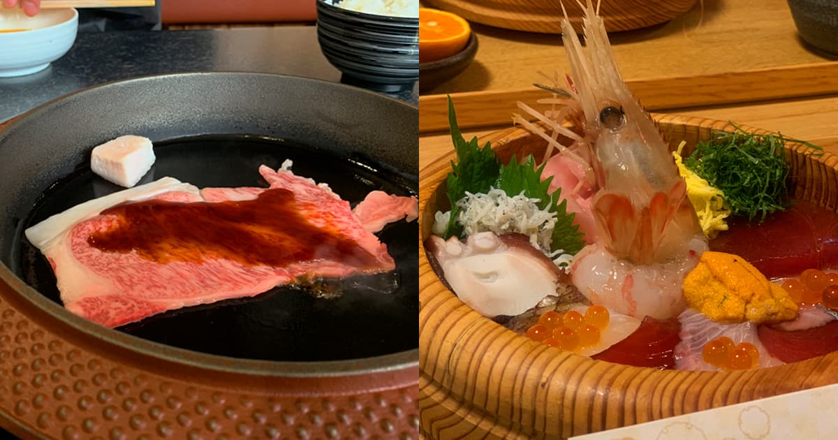 おかげ横丁で地元グルメの松阪牛のすき焼き・新鮮な魚介類を食す